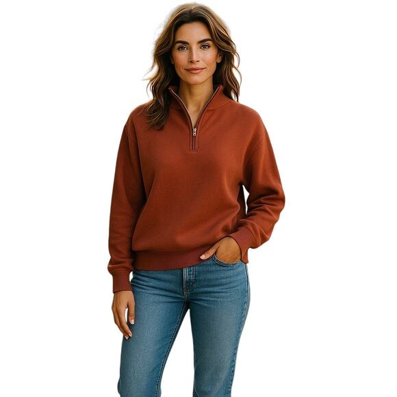 Anrabess Maroon Quarter-Zip Ribbed Knit Sweater – Size Large, Cozy Pullover - Picture 1 of 9